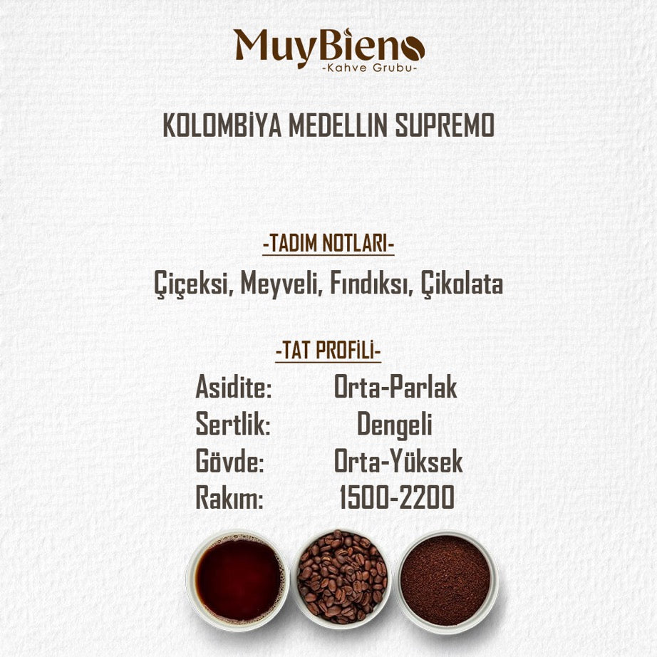 Kolombiya Medellin Supremo 1000 gr. Çekirdek Kahve %100 Arabica