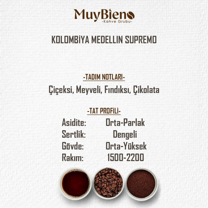 Kolombiya Medellin Supremo 1000 gr. Çekirdek Kahve %100 Arabica